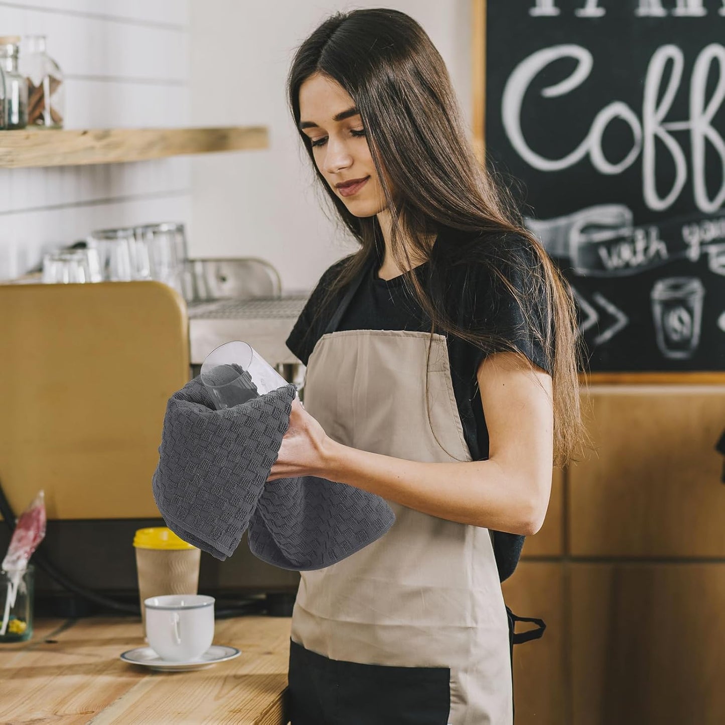 Fintale 100% Cotton Kitchen Towels and Dishcloths Set, 12 x 12 & 15 x 25 Inches, Set of 12 Bulk Super Soft and Absorbent Terry Cloth Dish Towels, Quick Drying Hand Towels with Hanging Loop, Dark Grey