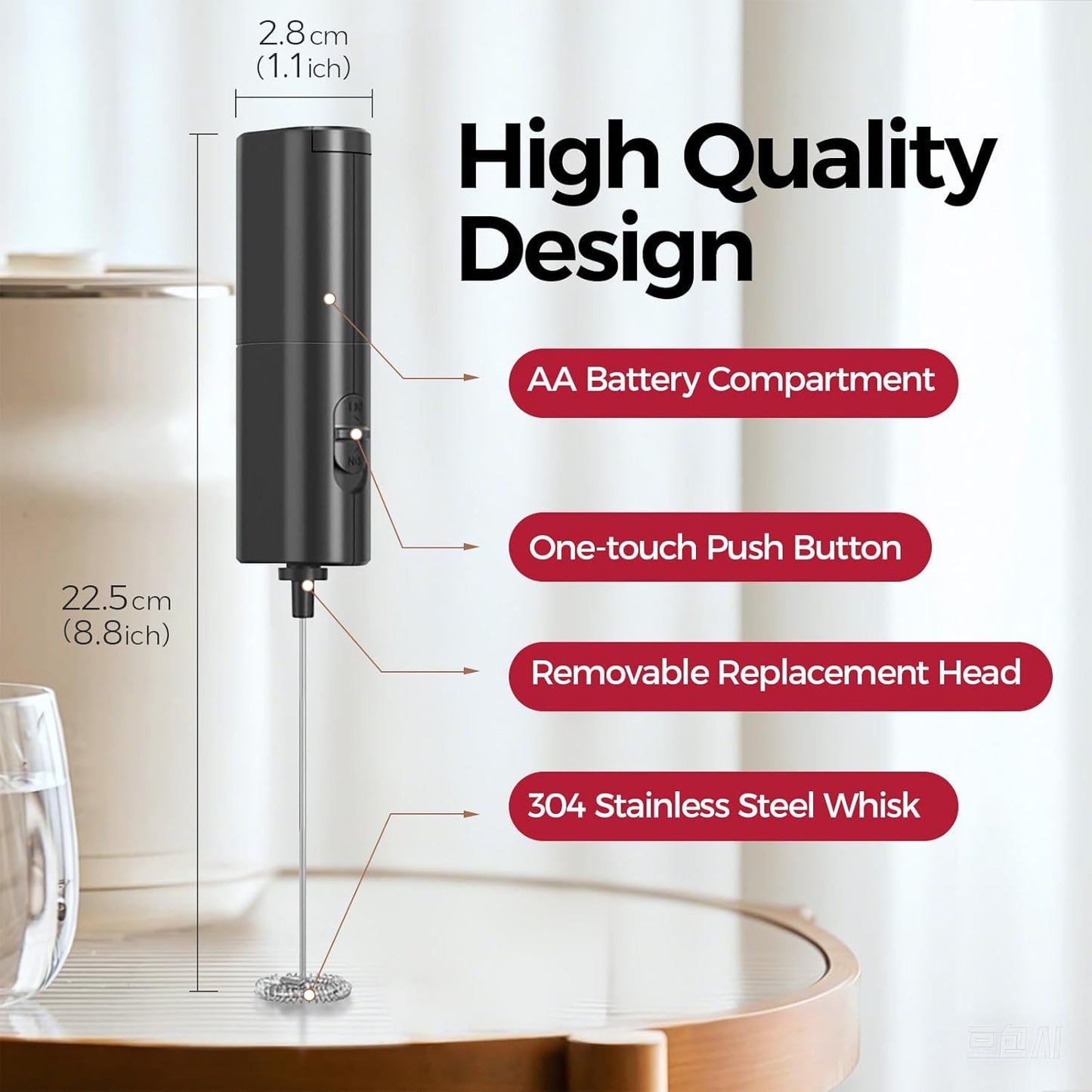 YARRAMATE Mini Powerful Milk Frother Wand, Fast Battery Operated Coffee Mixer, Handheld Drink stirrer, Electric whisk Foam Maker for Lattes, Cappuccino, Matcha, Hot Chocolate (Black)