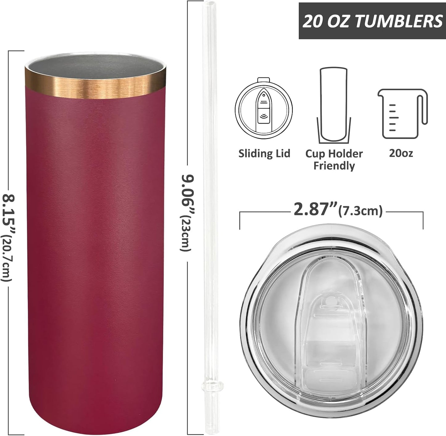 20 oz Skinny Tumblers Bulk, Stainless Steel Insulated Tumbler with Lids and Straws, Slim Double Wall Powder Coated Travel Coffee Mugs, Reusable Cup for Hot and Cold Drinks (Red,1 pack)