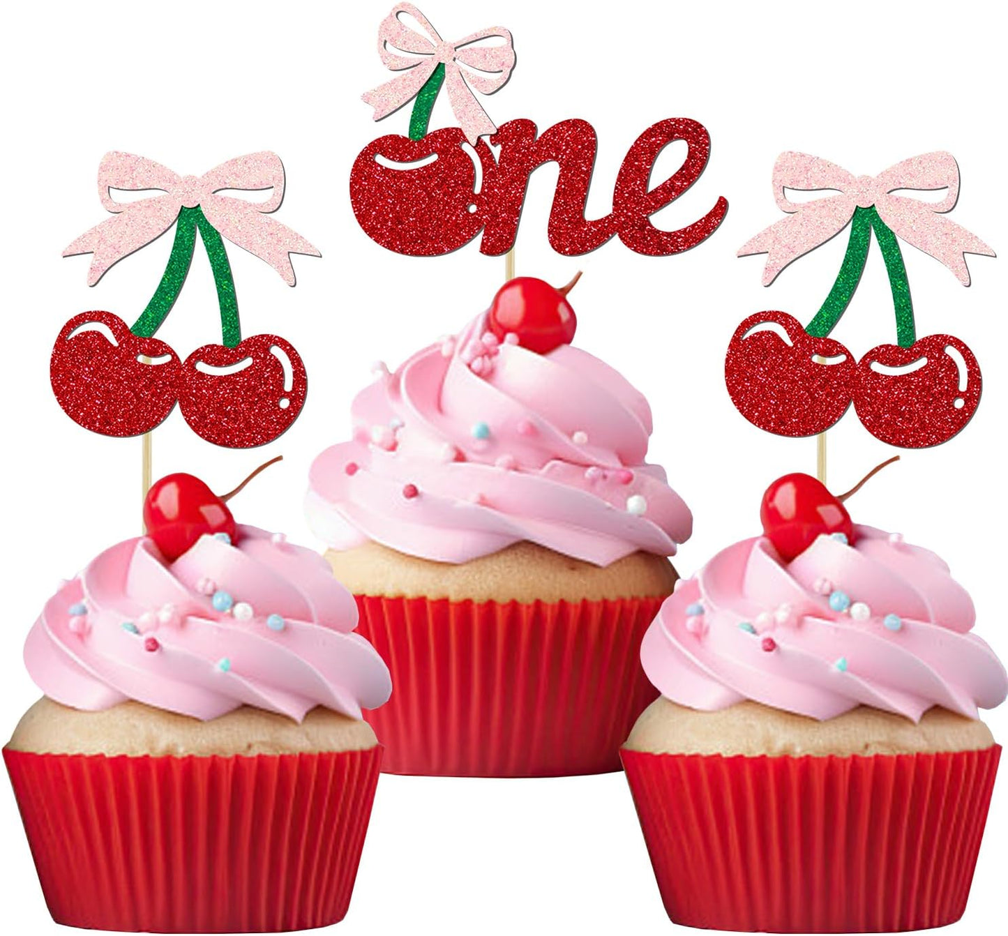 24 Pack Cherry 1st Birthday Cupcake Toppers, Glitter Cherry First Birthday Cake Pick for Fruits Theme One Birthday Party Cake Decorations Supplies (One)