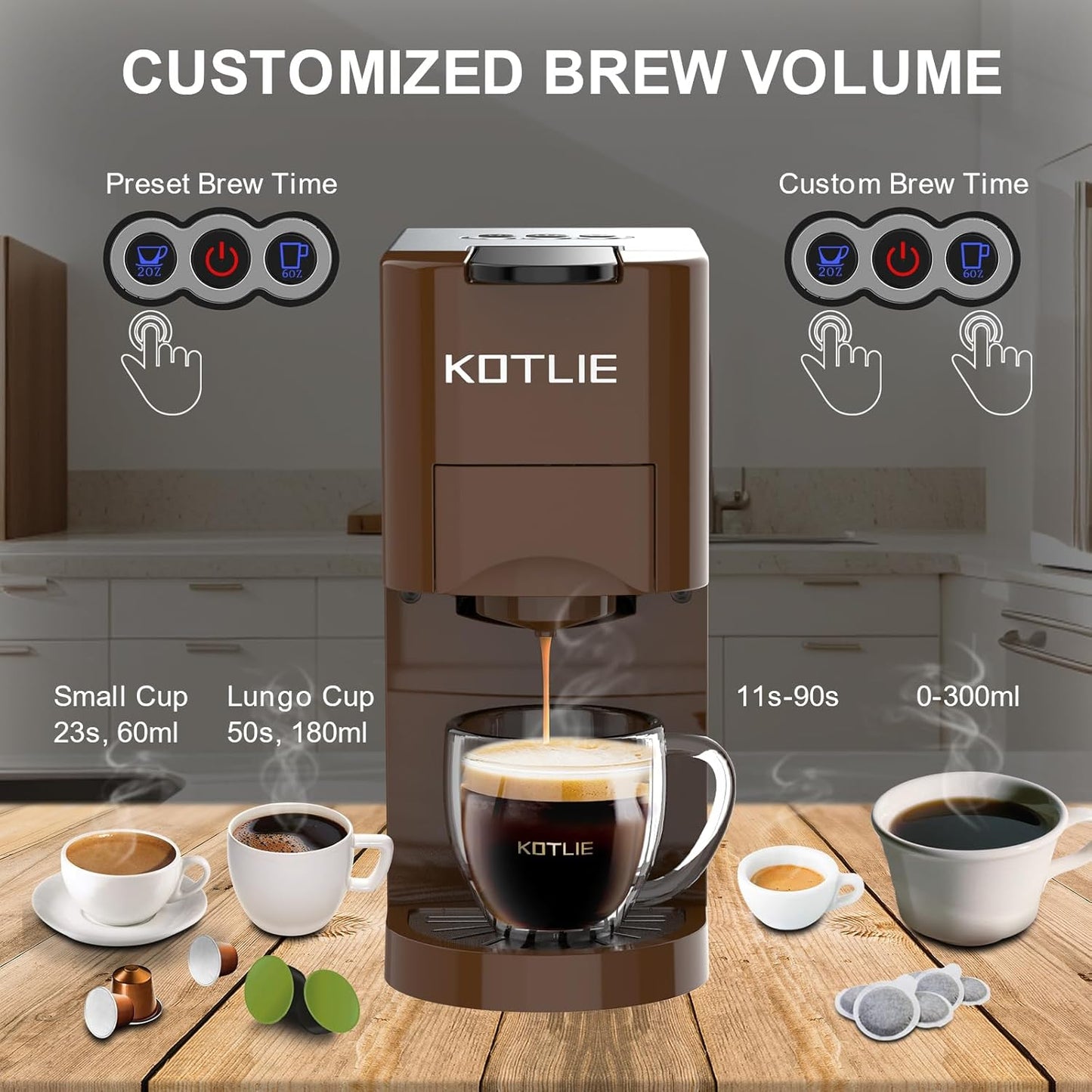 KOTLIE 513K Single Serve Capsule Coffee Machine fits for K-Cup capsule/Nes*p Original/Ground Coffee/44mm ESE,0.8L,Compact Size(Coffee)