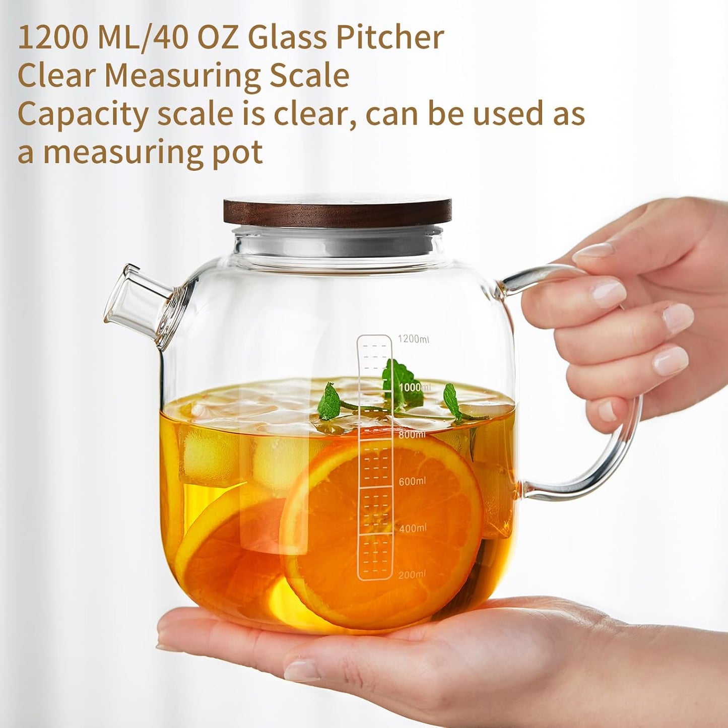 Glass Pitcher with Lid and Spout, 40OZ Glass Water Jug, Glass Carafe for Hot/Cold Water, 1200ml Glass Water Pitcher for Fridge, Glass Teapot, Large Iced Tea Pitcher for Homemade Beverage