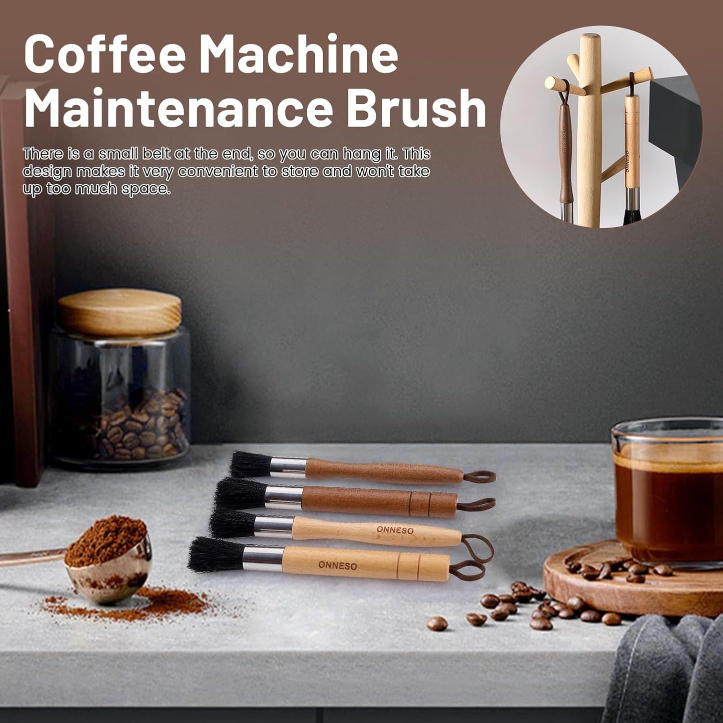 Huakaile 2 Pieces Beige Coffee Grinder Cleaning Brush with Black Bristle, Wood Handle Espresso Machine Cleaning Brush Tool, Barista Accessories Used on Group Heads Kitchen