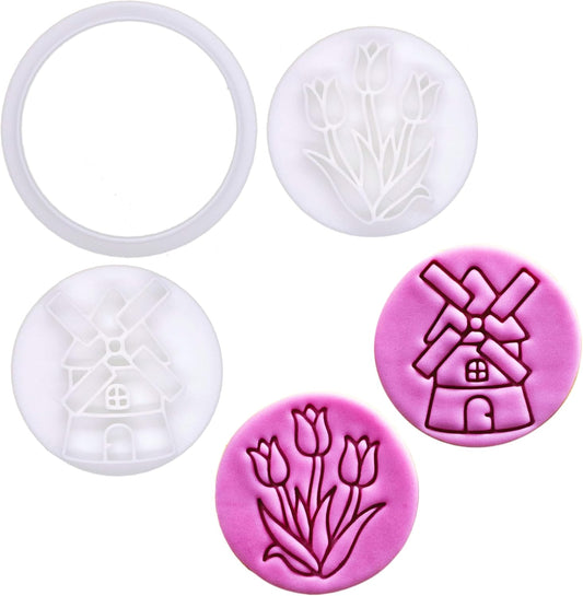 BAKERLOGY Spring Whispers - Mini 2" Cookie Cutter & Stamp Set - Tulip Garden & Windmill Design for Easter & Spring Cookies, Cupcakes & Fondant Decorations