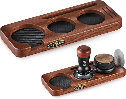 Bincoo 58mm Espresso Tamping Station - Sapele Coffee Bar Organizer with Non-Slip Mat, Multi-Slot Design for Counter, Holds Tamper,Distributor, Basket Holder
