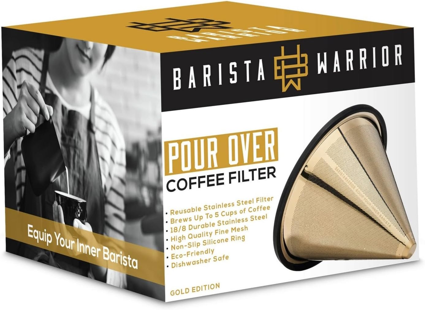 Barista Warrior Compatible with Hario V60 Pour Over Coffee Filters - Reusable Stainless Steel - Best Coffee Maker and Bar Accessories (Gold Titanium Coated)