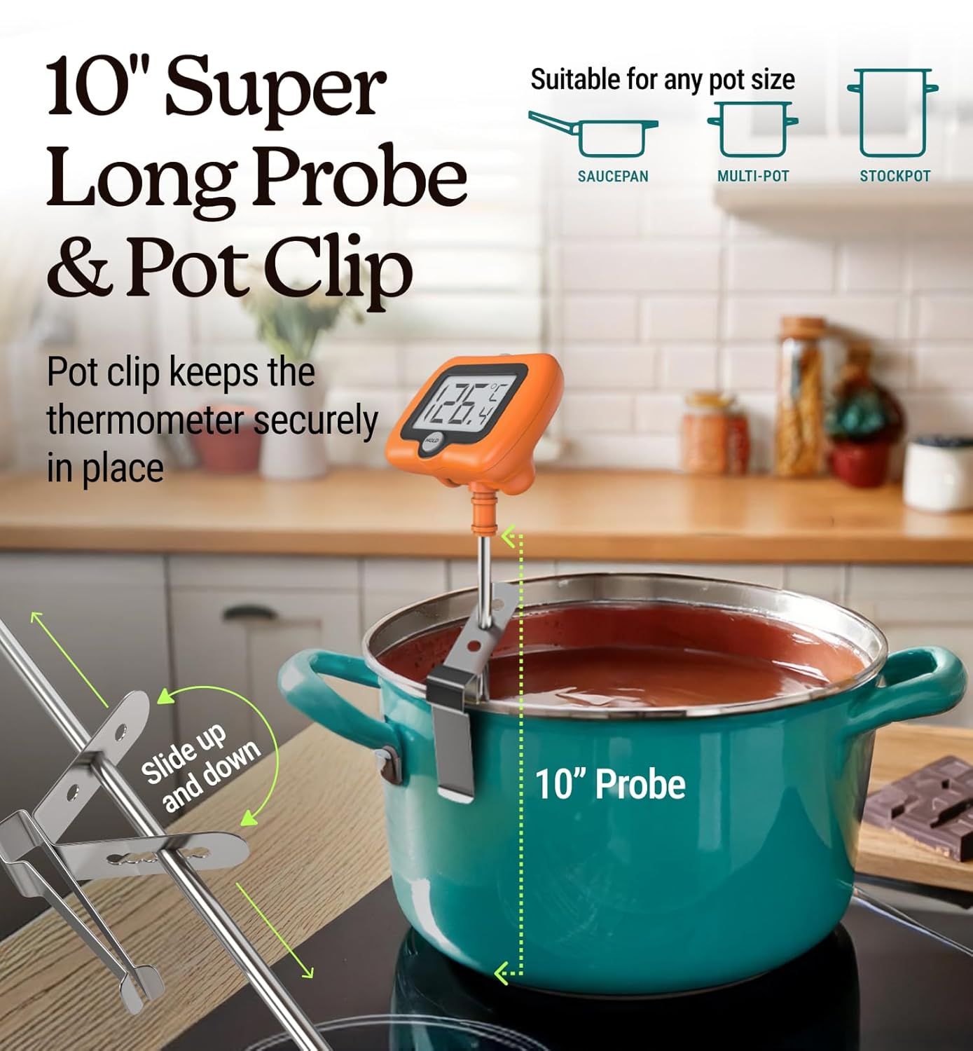 Digital Candy Thermometer with Pot Clip, 10" Long Stainless Steel Probe, Instant Read Kitchen Thermometer for Cooking, Baking, and Candy Making