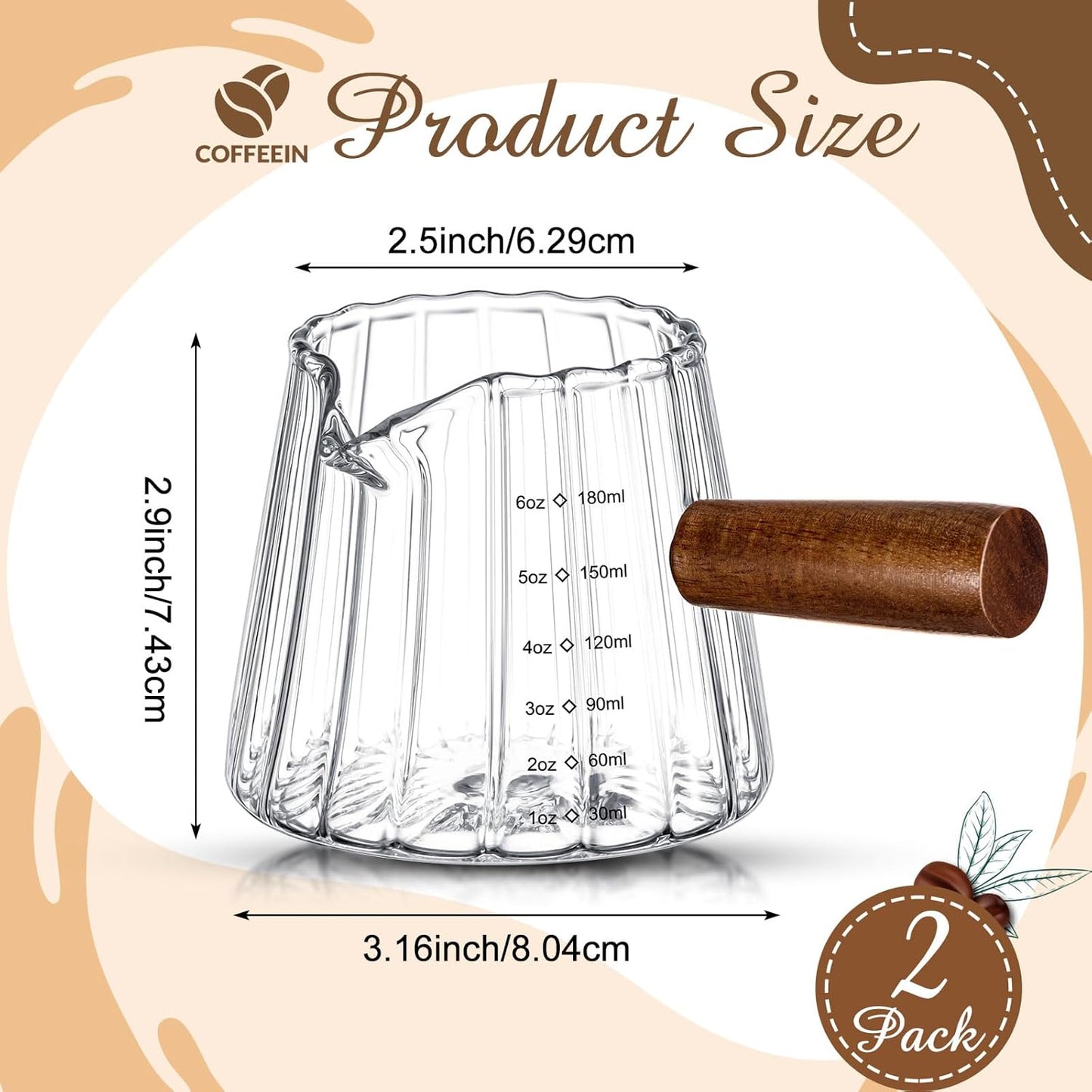 Espresso Shot Glass with Handle, 6 Oz/180 ml Espresso Cups with Single V-shaped Mouth, Measuring Cup for Milk Tea Coffee Bar Accessories(Clear,2 Pcs)