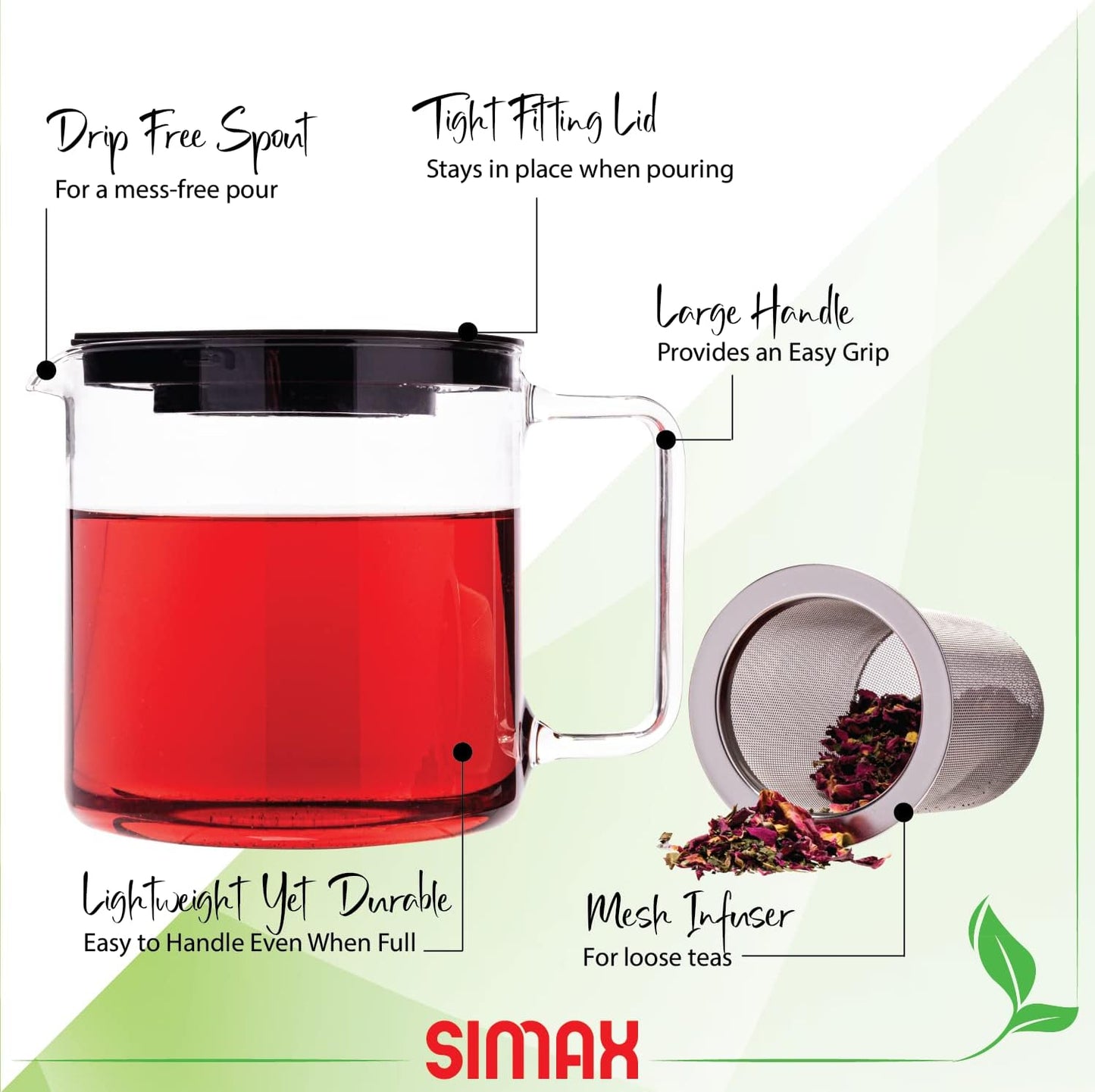 Simax Glassware 1 Quart Teapot with Metal Mesh Infuser | Plastic Lid, Microwave and Stovetop Safe, Heat, Cold, and Thermal Shock Resistant Borosilicate Glass, Makes a Stunning Presentation