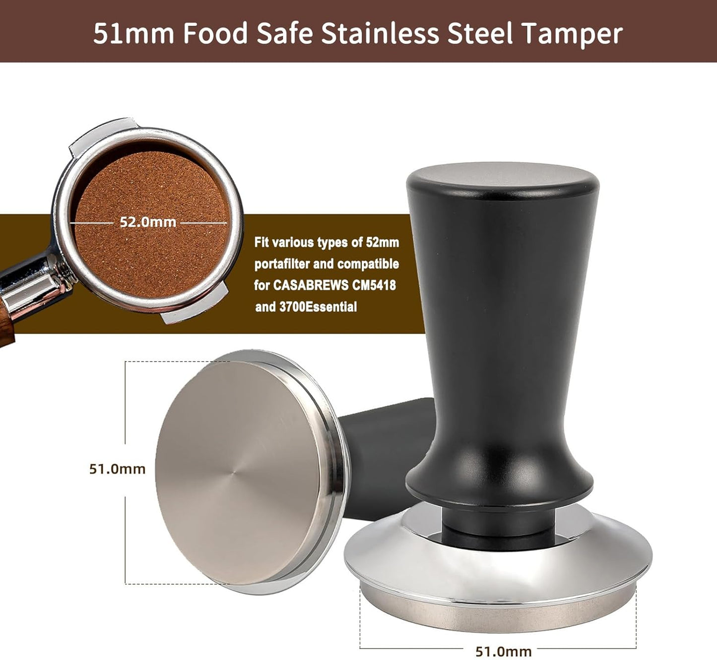 51mm Espresso Tamper, Premium Calibrated 30lb Spring Loaded Tamper Compatible for CASABREWS CM5418, 3700Essential, De'Longhi EC260 and 51mm Portafilter, 100% Stainless Steel Coffee Tamper, Black