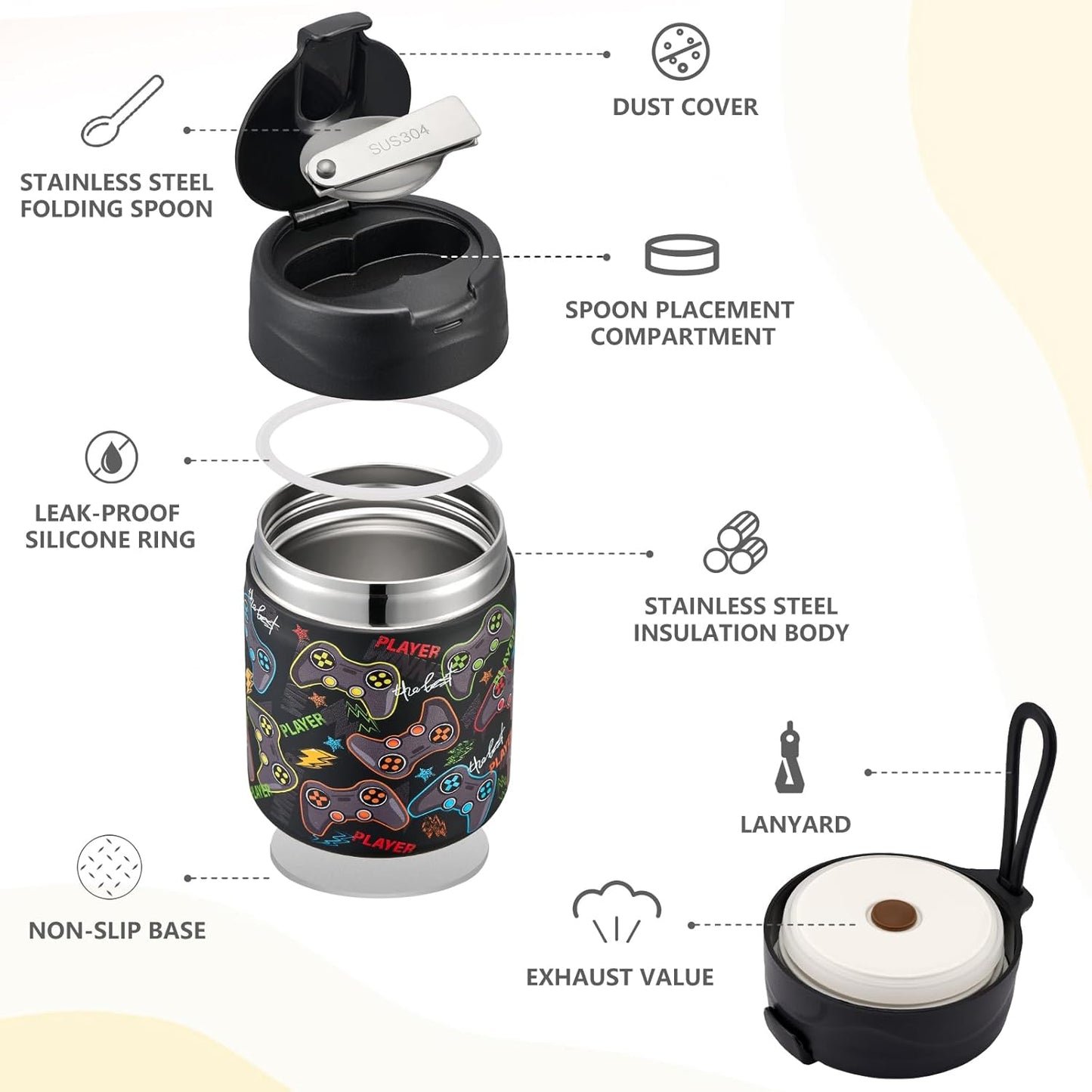 17oz Soup Thermo for Hot Food Kids Insulated Vacuum Food Jar with Stainless Steel Spoon Wide Mouth Thermo Leakproof Lunch Food Container Kids Hot Lunch Box (Black-Game)