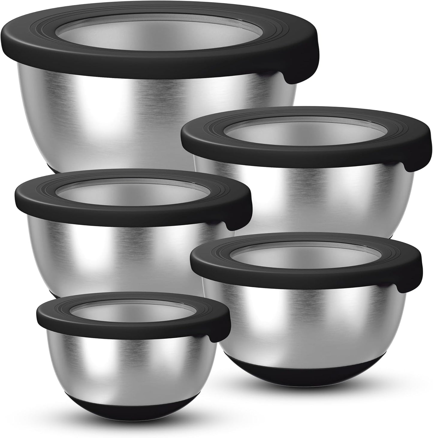 Stainless Steel Mixing Bowls with Lids – Set of 5 Large Nesting Metal Bowls for Kitchen, Baking, Cooking, Food Prep & Storage, Non-Slip Base, Dishwasher Safe,Black