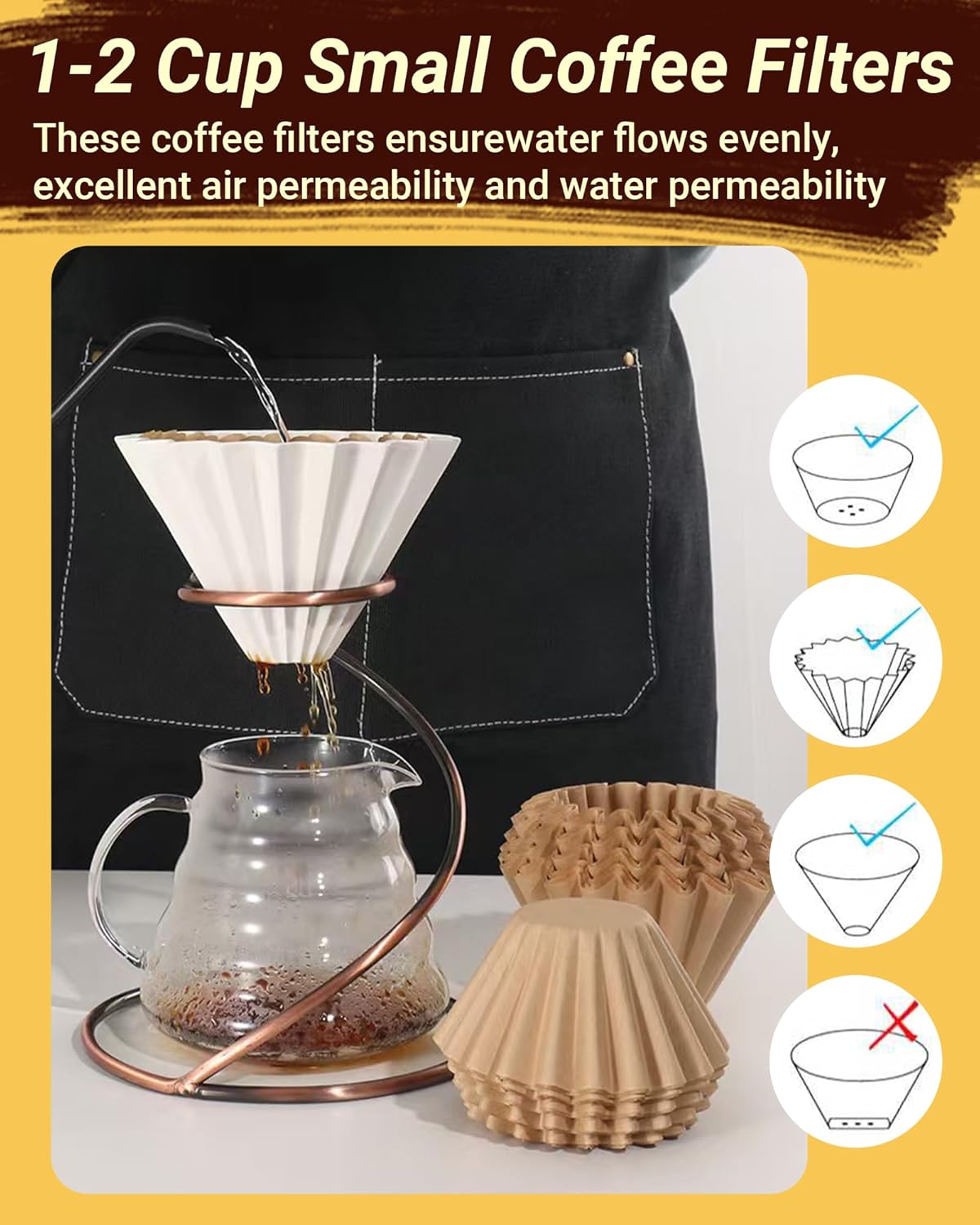 100 Pcs Unbleached Coffee Filters for 1-2 Cup Brewers, Small Disposable Paper Filters - 2-in-1 Stainless Steel Scoop & Clip, Compatible with Single Serve Pots & Travel Makers