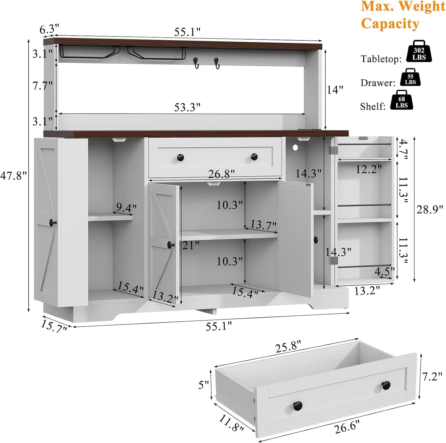 Hutch Storage Buffet Cabinet with Drawers, and Charging Station, Coffee Bar Cabinet with Barn Doors, Wine Rack and Hooks, White Wood Sideboard Buffet for Kitchen, Dining Room, 47.8" High