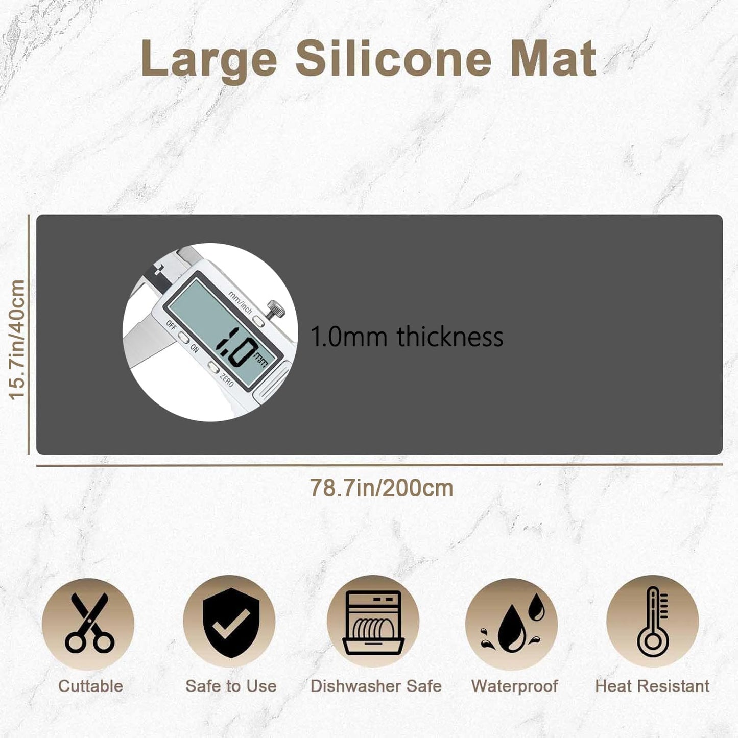 78.7" x 15.7" Large Silicone Mats for Kitchen Counter, Large Heat Resistant Countertop Protector Mat, Non-Slip Waterproof Craft Mat, Light Gray