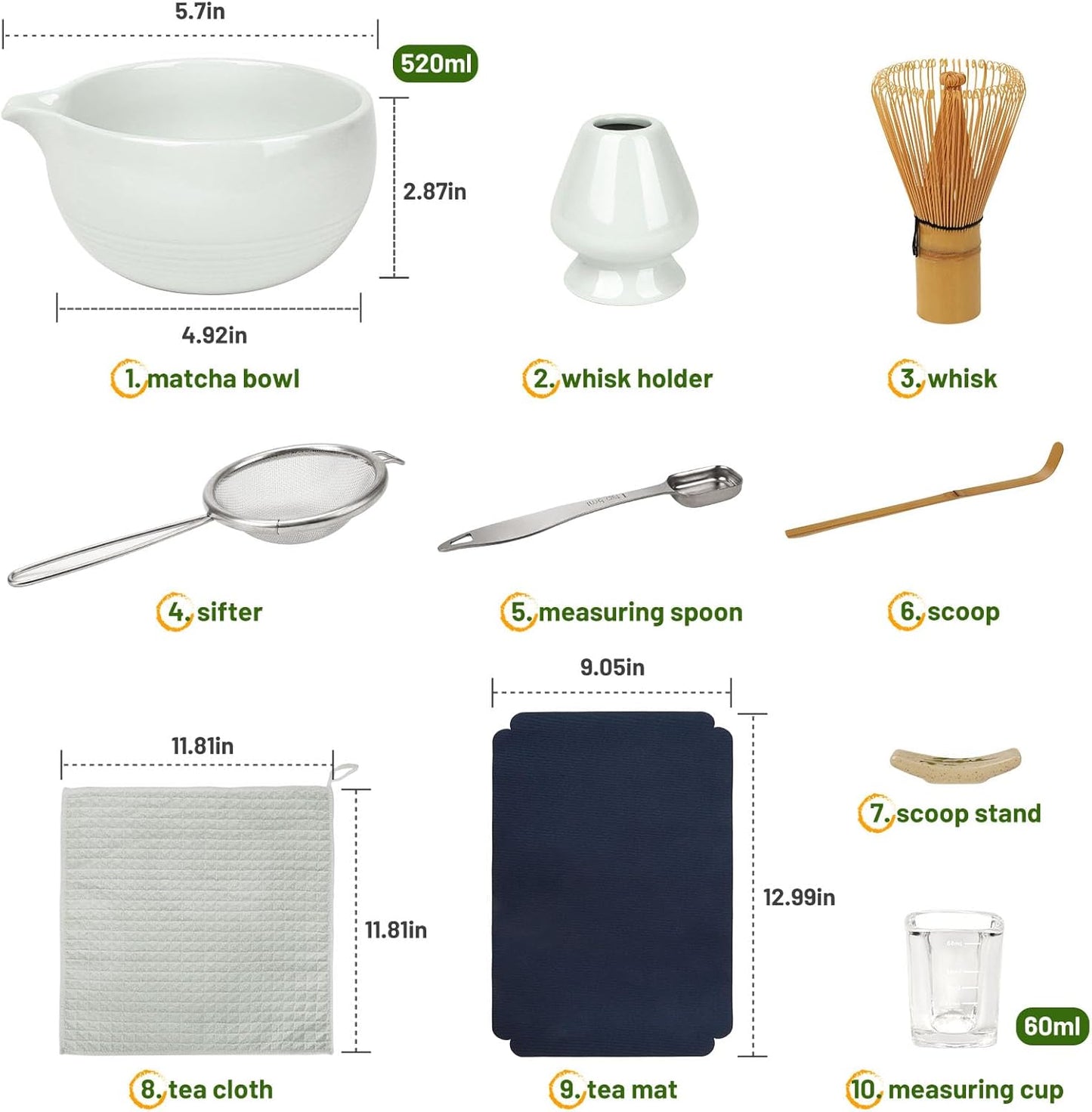 Matcha Tea Set 10-Pcs Kit, Whisk and Bowl with Spout & Measuring Spoon, Japanese Tea Making Tools, Grey