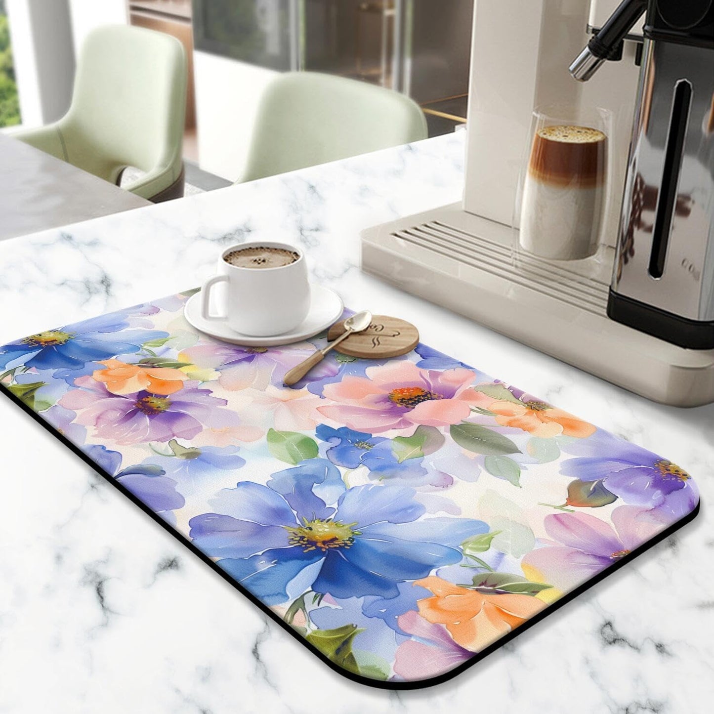 Floral Kitchen Counter Mat, 12 x 19.5 inches, Watercolor Design, Non-Slip Backing, Fast Drying