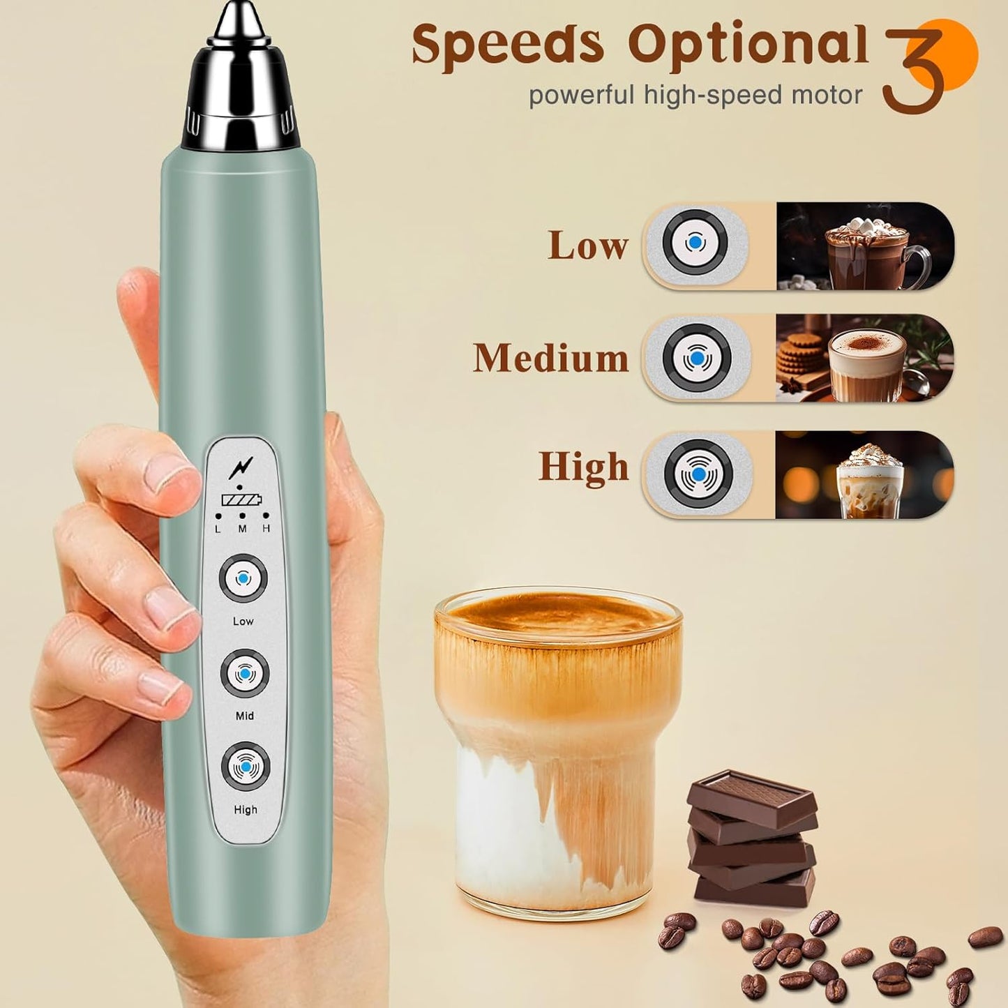 Milk Frother Handheld Rechargeable, Frother Wand Drink Mixer Electric Whisk for Coffee, Detachable With 3 Stainless Whisks, Hand Mixer for Lattes, Cappuccino, Matcha, No Stand, Sage Green