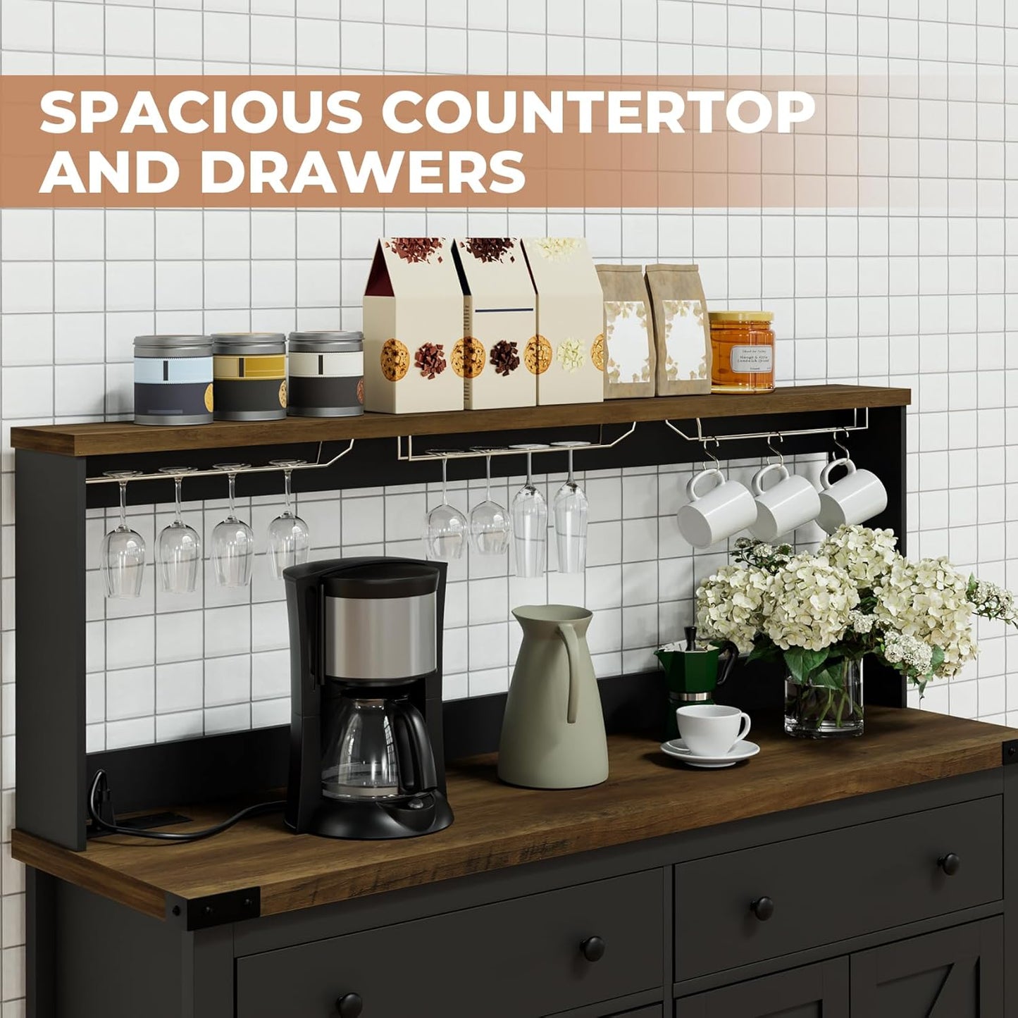 Hutch Storage Cabinet Buffet with Drawers, and Charging Station, Coffee Bar Cabinet with Barn Doors, Wine Rack and Hooks, Countertop, Long Farmhouse, Black, for Kitchen, Dining Room, 54.1" High