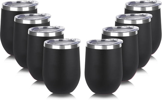 DOMICARE Stainless Steel Wine Tumbler Bulk with Lid, Personalized Insulated Tumblers Set, 12oz Travel Coffee Cups Pack of 8, Black
