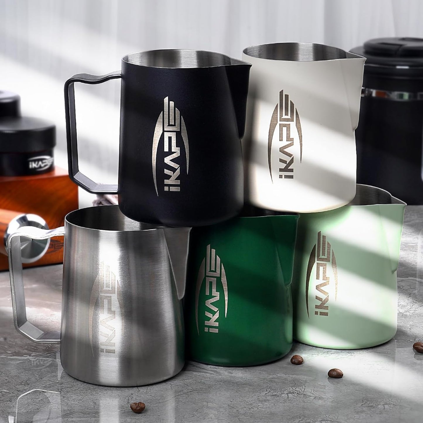 IKAPE Espresso Milk Pitcher, Espresso Steaming Pitcher with Sharp Spout for Espresso Barista Tool, 15.4 oz/450ml Milk Frothing Jug (White)