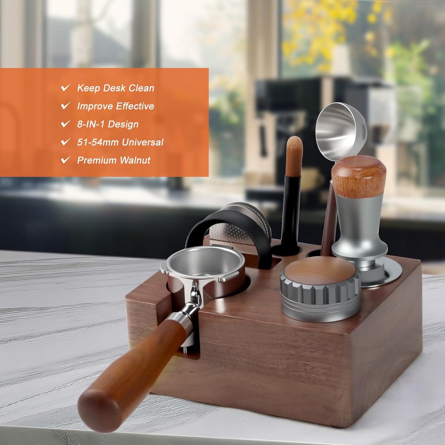 54mm Espresso Tamping Station Walnut Coffee Tamper Station Portafilter Holder,Tamper, and Distributor, Non-Slip Station for Home, Office, Restaurant