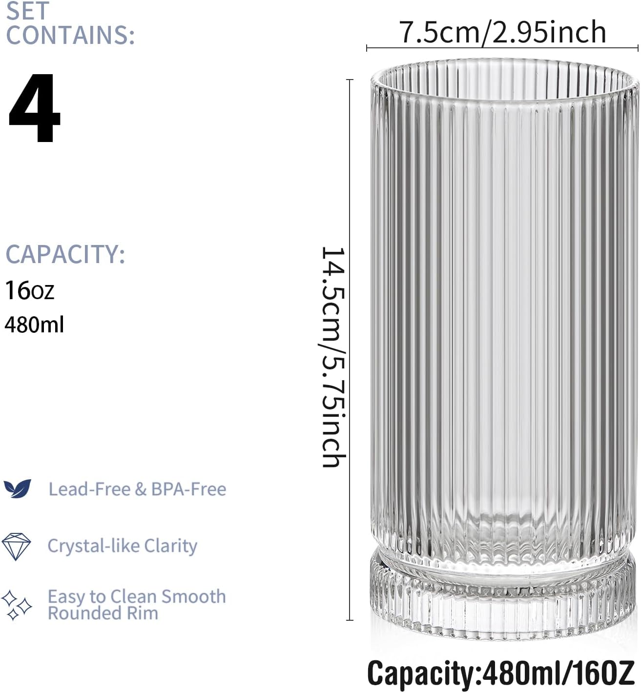 16oz Ribbed Glassware, Vintage Drinking Glasses Set of 4, Cocktail Glass Cups, Elegant Tom Collins Glasses, Highball Ribbed Glasses Ideal for Water, Iced Coffee, Juice, Beer, Milk