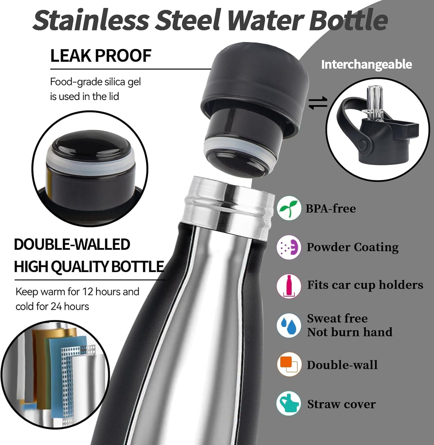 Insulated Water Bottle, 2 Pack-12oz Stainless Steel Water Bottles with straw lid, Metal Sports Water Bottles for Boys,Girls, Double Wall Vacuum BPA-Free Flask for School,Sports & Travel-Black