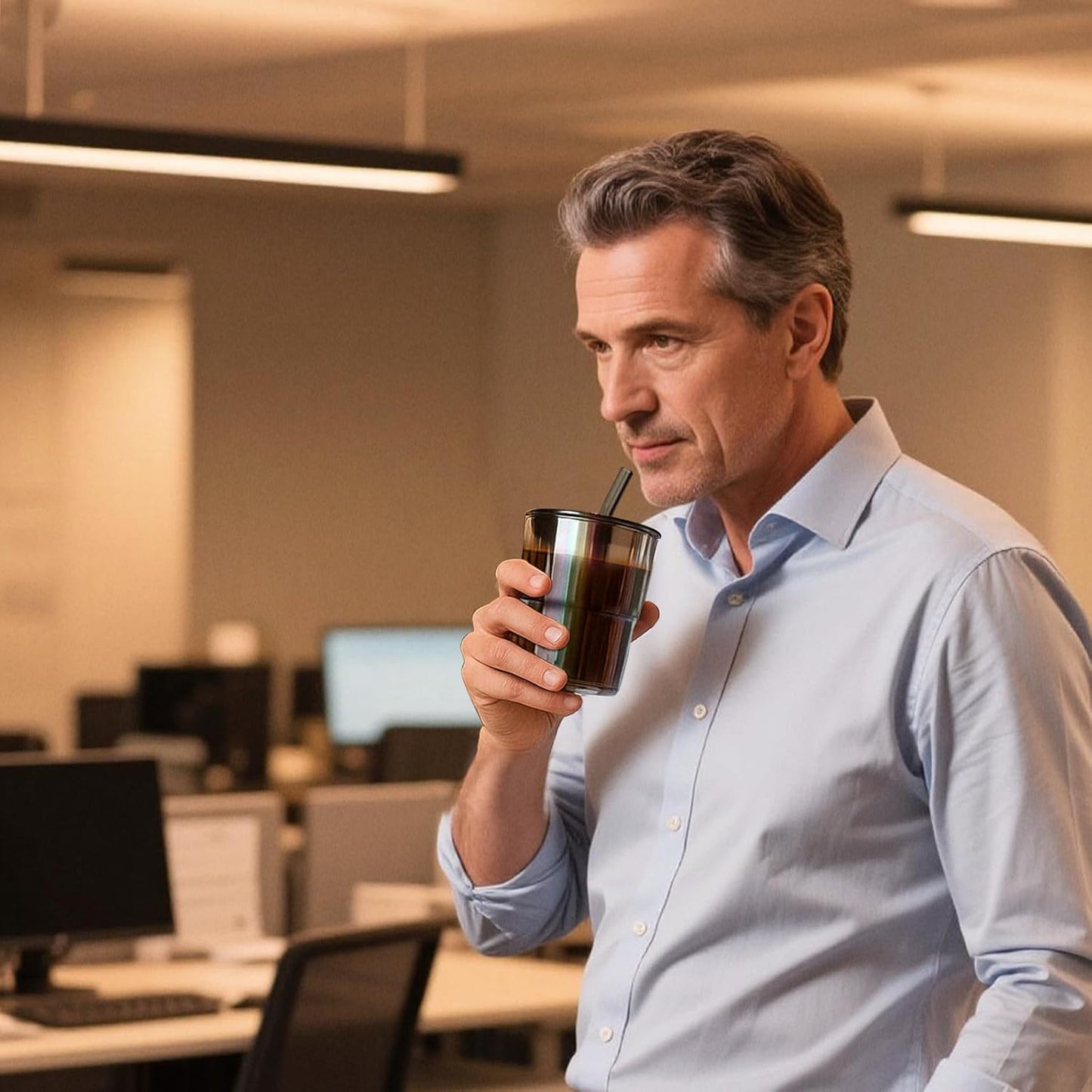 13 oz Glass Tumbler with Glass Straw and Lid, Leak-Proof Reusable Travel Cup for Iced Coffee, Tea, Matcha, Fruit Juice – Thick Wall Clear Water Bottle (Iridescent Shimmer, 2 Pack)