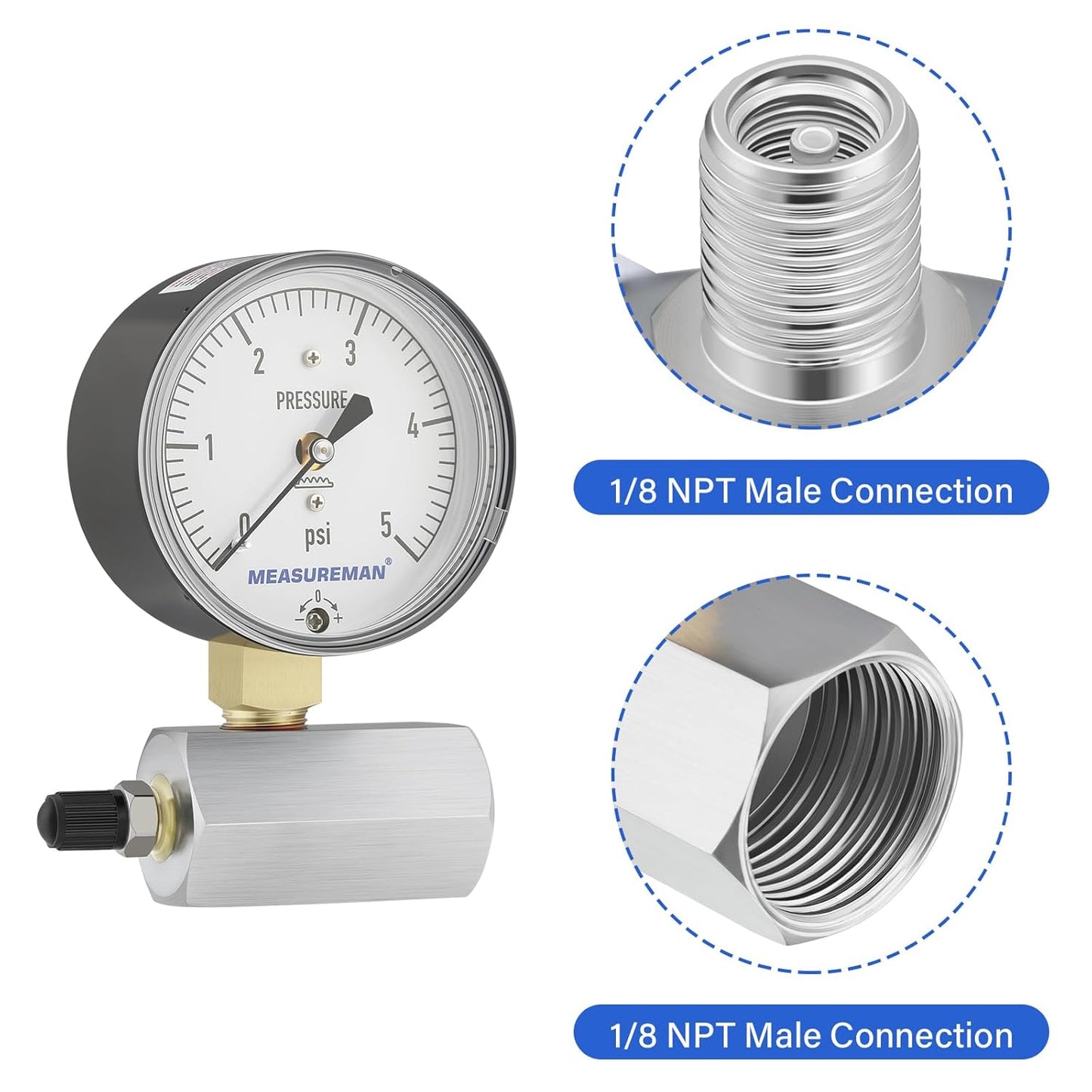 MEASUREMAN Diaphragm Type Capsule Low Pressure Gauge with Valve，3/4" FNPT Connection， 2-1/2" Dial, Adjustable, 0-5Psi