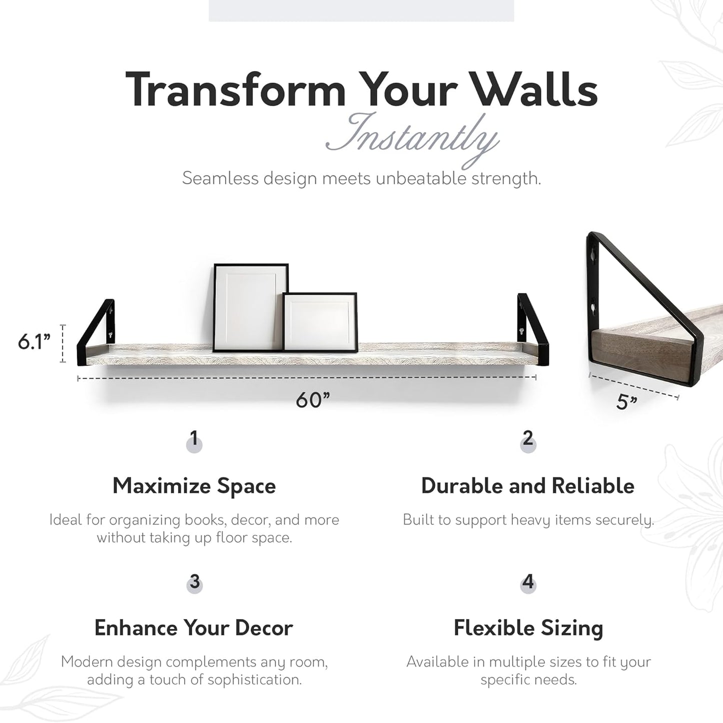 InPlace Shelving, Wall Mounted Real Solid Wood Rustic Bracket Ledge, 5" D x 60" W x 6.1"H, Distressed White, 9602101E