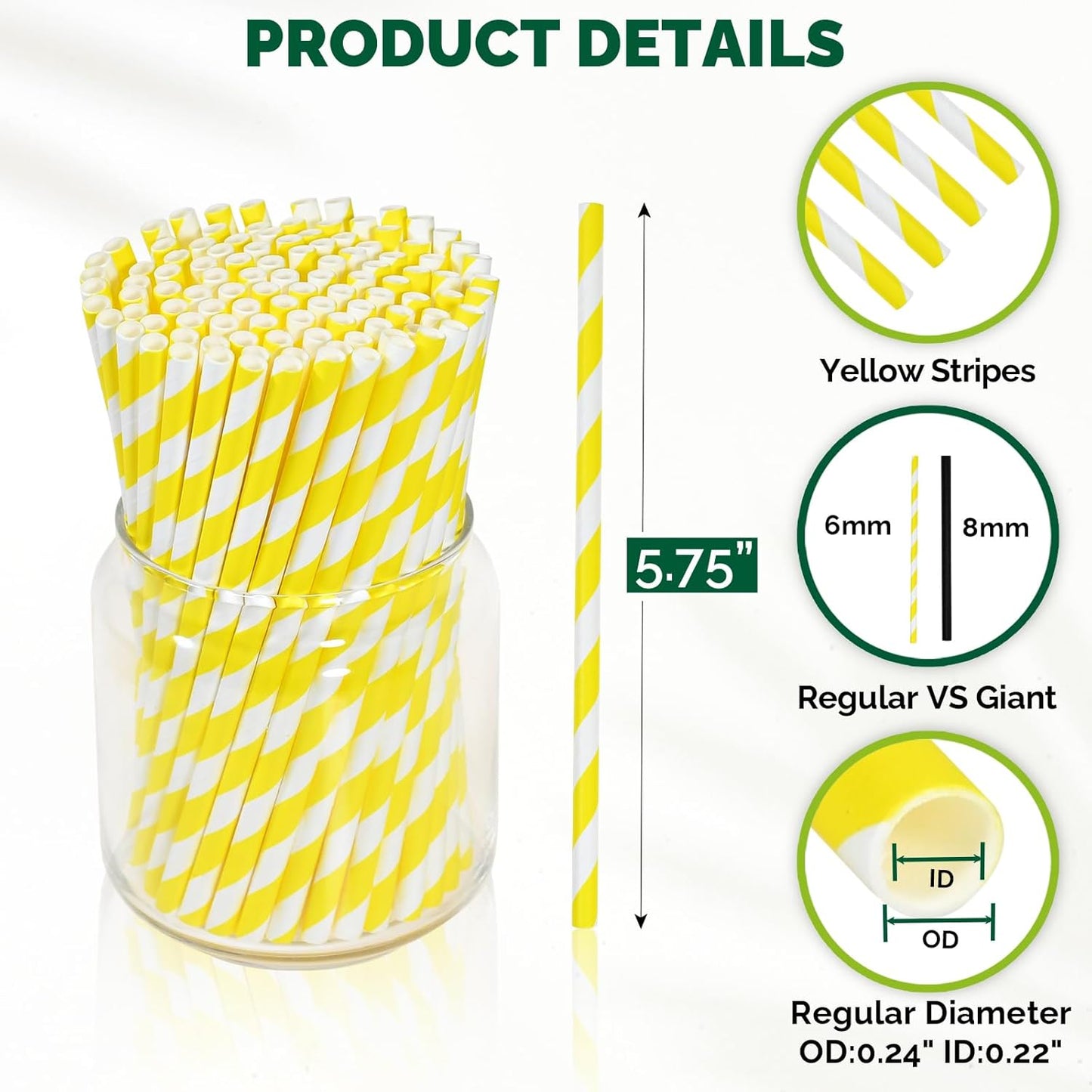 5.75 inch Short Yellow Paper Drinking Straws for Cocktail, Coffee, Mixed Drinks, 500 Counts - Compostable