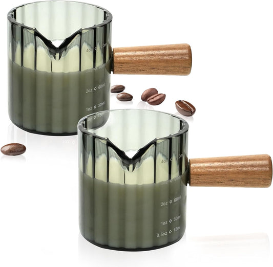 Espresso Cups Set of 2, 4 OZ Espresso Shot Glass with Handle V-Shaped Mouth, Ribbed Milk Frothing Pitcher, Glass Measuring Cup,Cappuccino Cup, Coffee Bar Accessories (Gray)