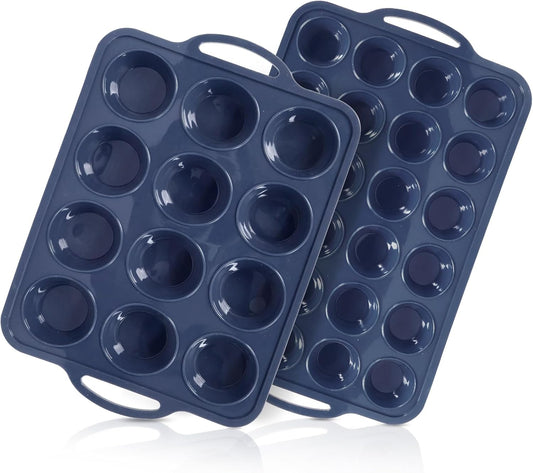 2 Pack Silicone Muffin Pan 12 and 24 Cup with Metal Frame,Non Stick Silicone Mini Cupcake Pan with Handles, BPA Free Silicon Regular Muffin Tin Tray Small for baking, egg bites, Mold Grey