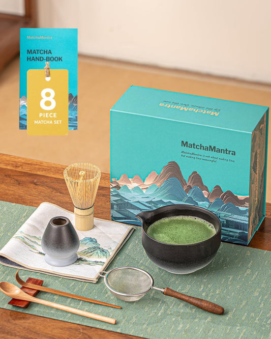 Artisan Matcha Whisk Set - 8 Pcs Premium Matcha Set with Bowl (Chawan), Bamboo Whisk & Tools | Matcha Kit for Making Breakfast/Latte | Gift for Matcha Lovers (Black)