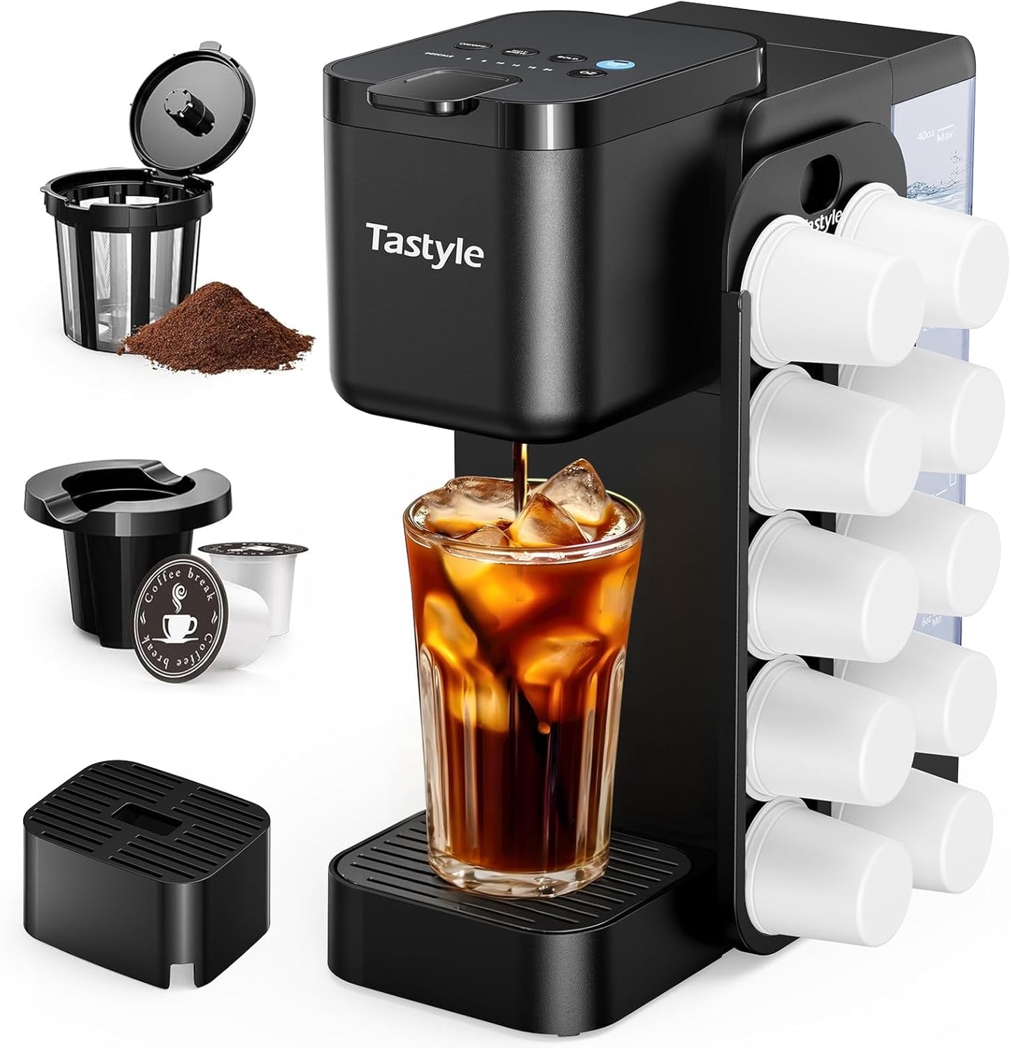 Hot & Iced Coffee Maker with Magnetic K-Pod Organizer (Pods Not Included), Stores 10 Pods, 4-5 Cups Coffee Maker & Single-serve Brewer for K Cup & Grounds, 40oz Removable Water Tank, Black