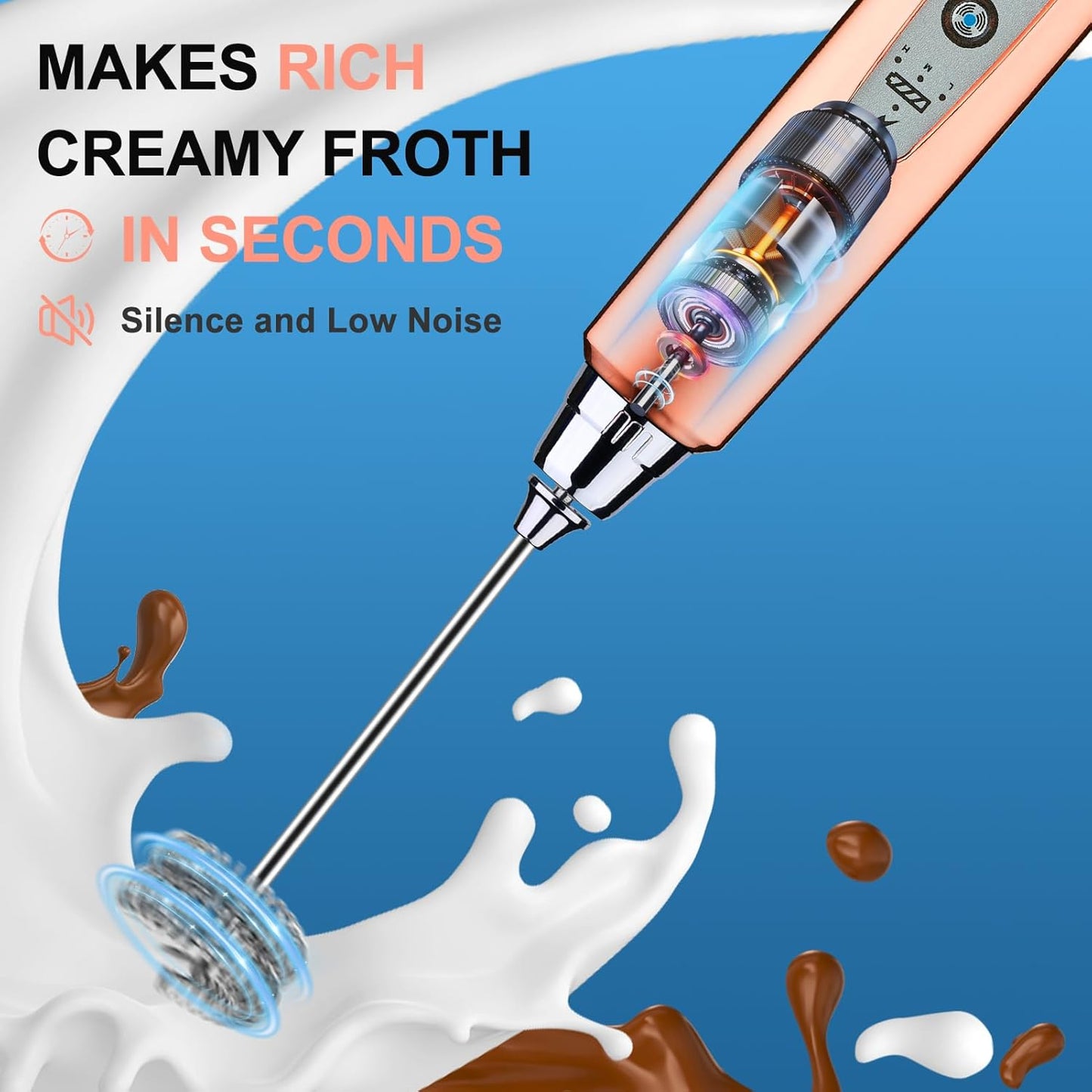 YUSWKO Rose Gold Handheld Milk Frother Wand with Stand for Coffee, Rechargeable Electric Whisk with 3 Heads 3 Speeds Drink Mixer Coffee Frother For Latte, Cappuccino, Hot Chocolate, Egg