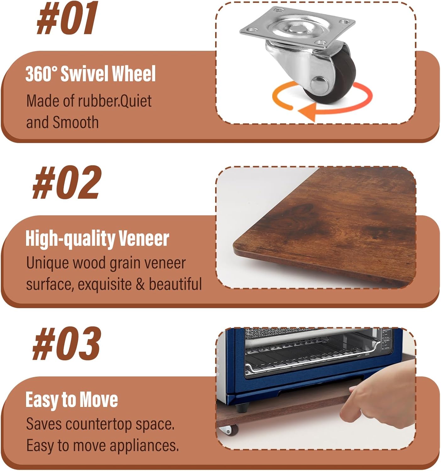 360° Appliance Slider Sliding Tray, Coffee Maker Rolling Tray for Counter Under Cabinet Coffee Pot Mat for Espresso Machine, Toaster, Air Fryer, Quiet Wheels, Brown (Large 15.7"×13")