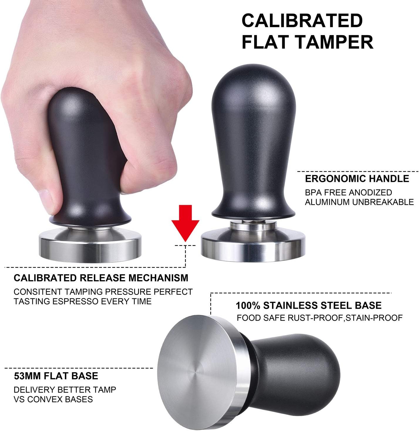 53mm Calibrated Espresso Tamper, Calibrated Coffee Tamper with Spring Loaded Anodized Aluminum Handle Stainless Steel Flat Base, Professional Espresso Hand Tamper