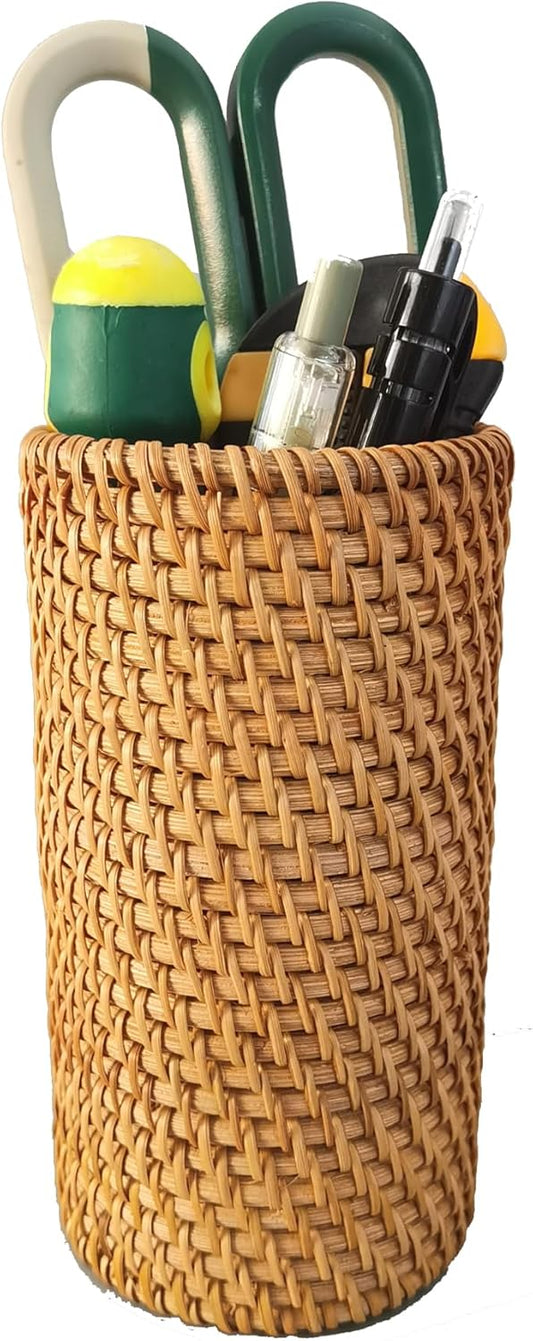 Handmade High Wall Rattan Pen Cup,Tea Items Desk Holder,Wicker Pencil Décor Holder Flower Vase For Dry Flower,Rustic Makeup Brushes Holder Stand, Table Loose Items Organizer (High Cylinder)