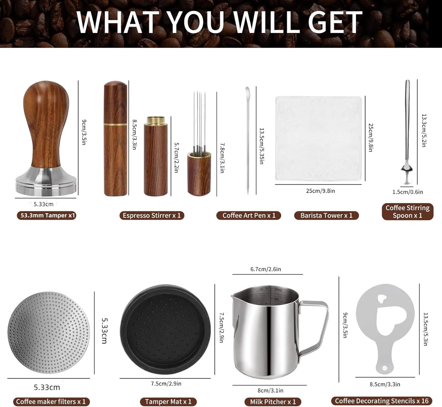 53.3mm Espresso Accessories Kit, 24PCS Coffee Tamper Set，Barista Kit, WDT Tool,stainlesss Frothing Pitcher, Stirrer, Tamper Mat, Latte Art Pen ， Coffee puck screen