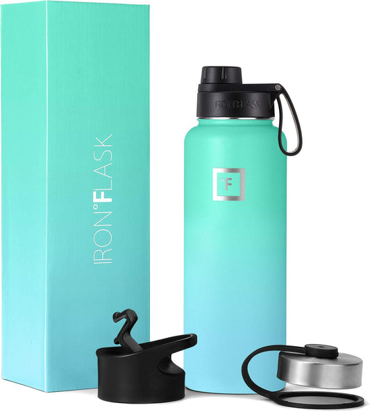 IRON °FLASK Camping & Hiking Hydration Flask with 3 Lids - Stainless Steel, Double Walled & Vacuum Insulated Water Bottle - Leak Proof & BPA Free (Sky, Spout - 40 oz)