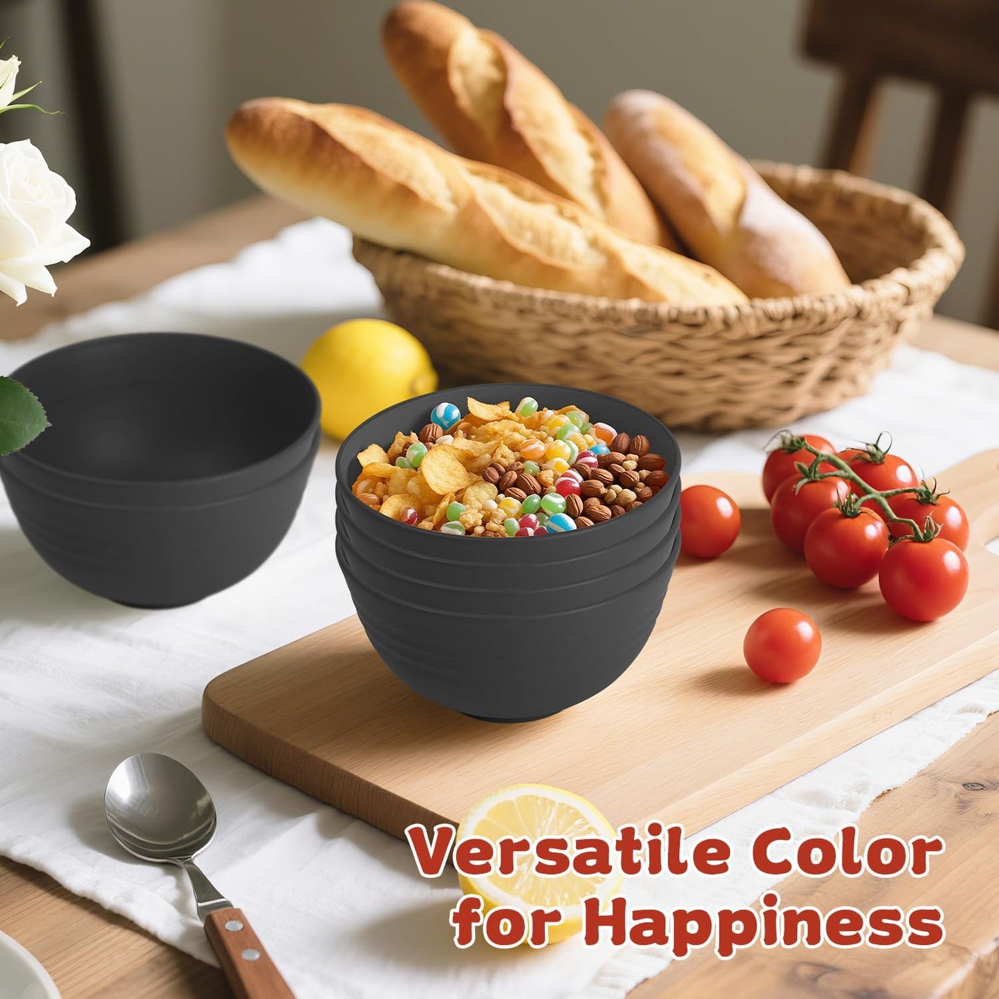 Handy Wheat Straw Bowls Set of 6,Unbreakable Ice-Cream Bowls Sets for Kids,10oz Small Dessert Bowls for Kitchen,Camping and RV.Black Series