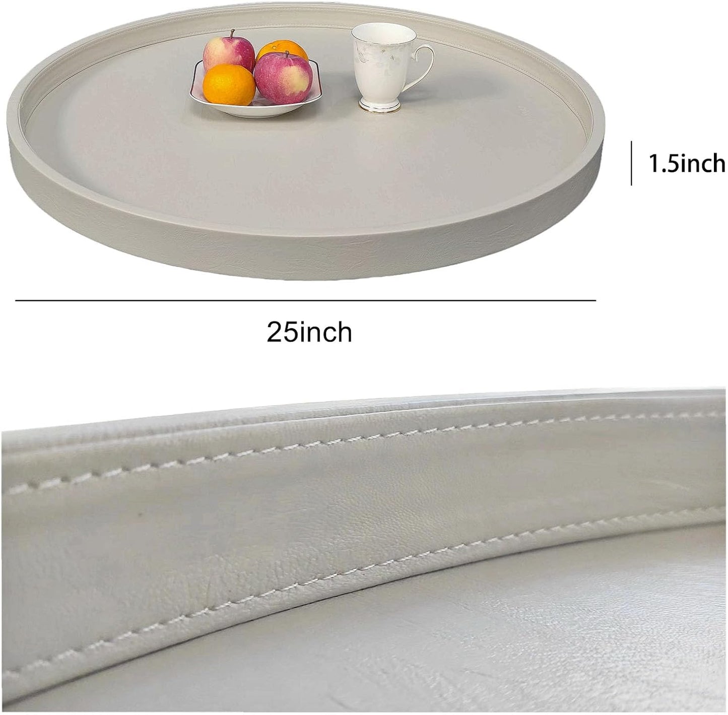 25 * 25 inches high-end Light Luxury Leather Round Oversized Service Tray, Ottoman Tray，Coffee Tray, Food Tray, Family Dinner, Out-of-House Picnic, Party Essential Tray (25 inch Beige)