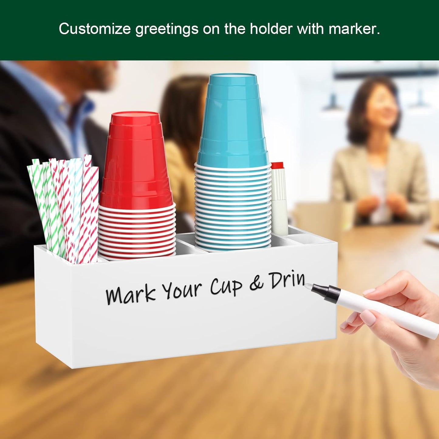 Double Cup Holder with Marker Slot, Party Cup Dispenser Acrylic Cup Organizer Mark Your Cup and Drink Up Caddy Modern Bar Counter Decor, White