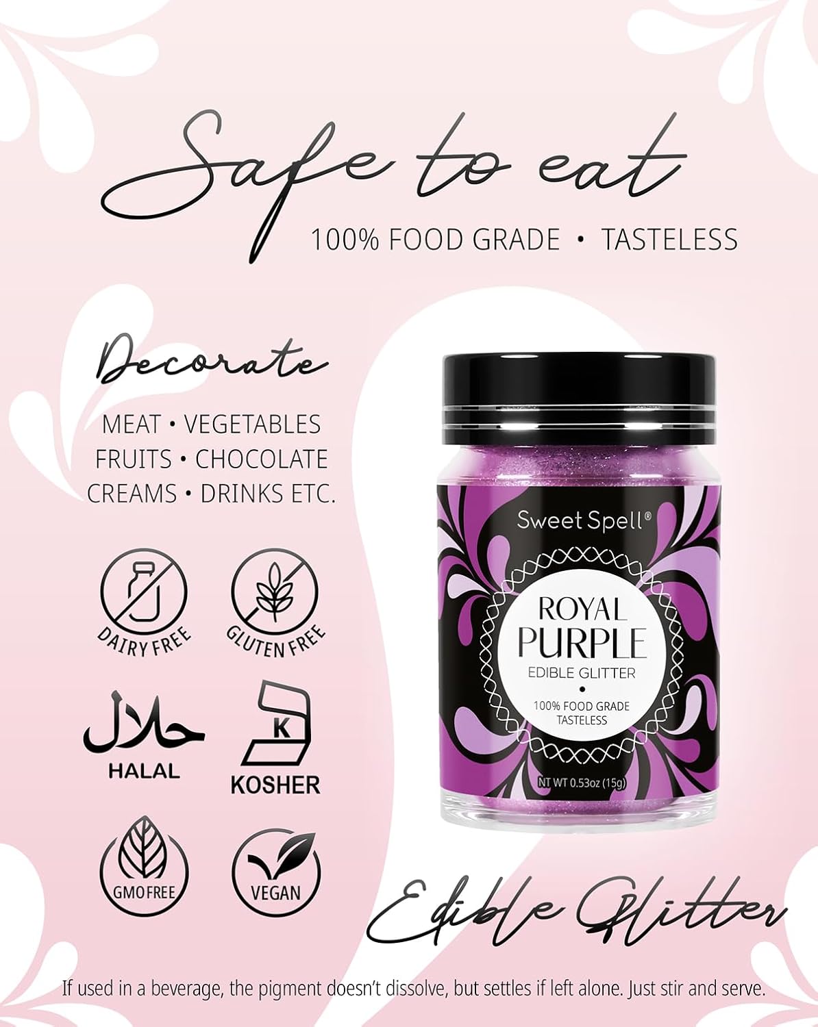 Sweet Spell Edible Glitter (15g) - Shimmer Sparkles for Drinks, Cakes, Cocktails - 100% Edible & Food Grade Glitter, Vegan, Gluten-Free (Purple)