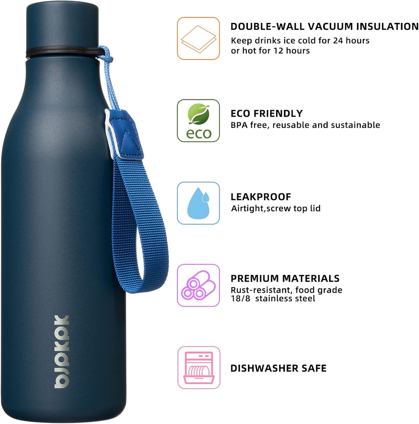 BJPKPK Insulated Water Bottles, 18 oz Stainless Steel Metal Water Bottle with Strap, BPA Free Leak Proof Thermos, Mugs, Flasks, Reusable Water Bottle for Sports & Travel, Navy Blue