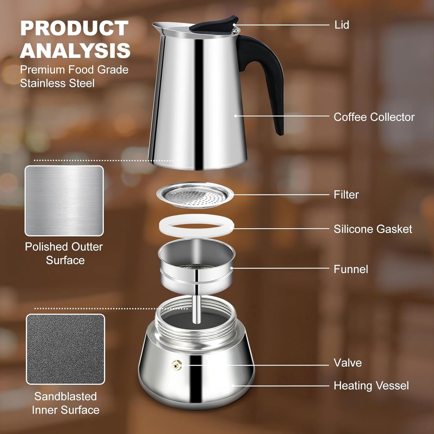 9 Cup Stovetop Espresso Maker Stainless Steel Moka Pot Stove Top Percolator Italian Coffee Makers Capable Mocha Greca Machine Cafe Classic Induction Cookers for Home and Camping 450ml 15oz