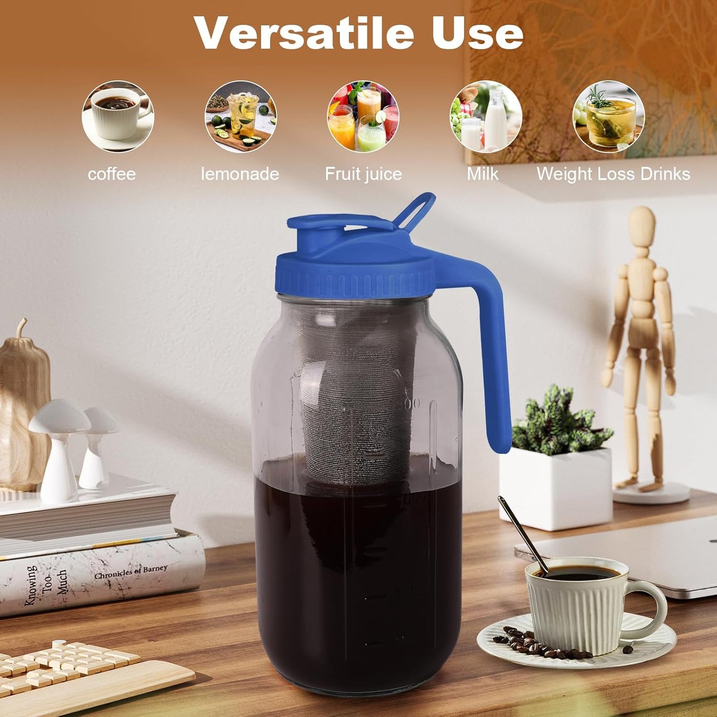 Cold Brew Coffee Maker,64 oz Mason Jar Pitcher with Stainless Steel Filter, Pour Spout Handle Lid, Heavy Duty Glass Airtight & Leak-Proof Pitcher for iced coffee Tea Lemonade -Blue