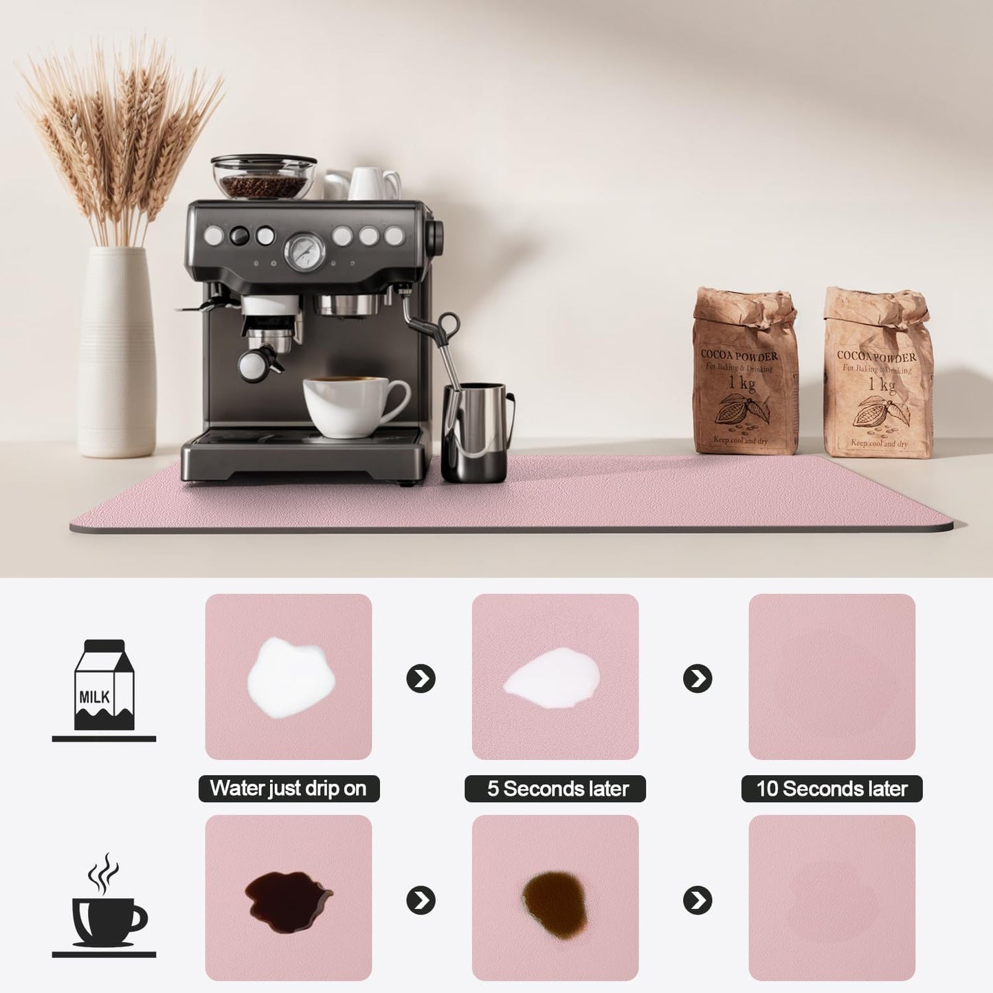 Dish Drying Mat for Kitchen Counter | Coffee Bar Mat for Countertops | Heat Resistant Drainer Mat with Non-slip Rubber Backed | Hide Stain Kitchen Absorbent Draining Mat | Pink 18"x24"